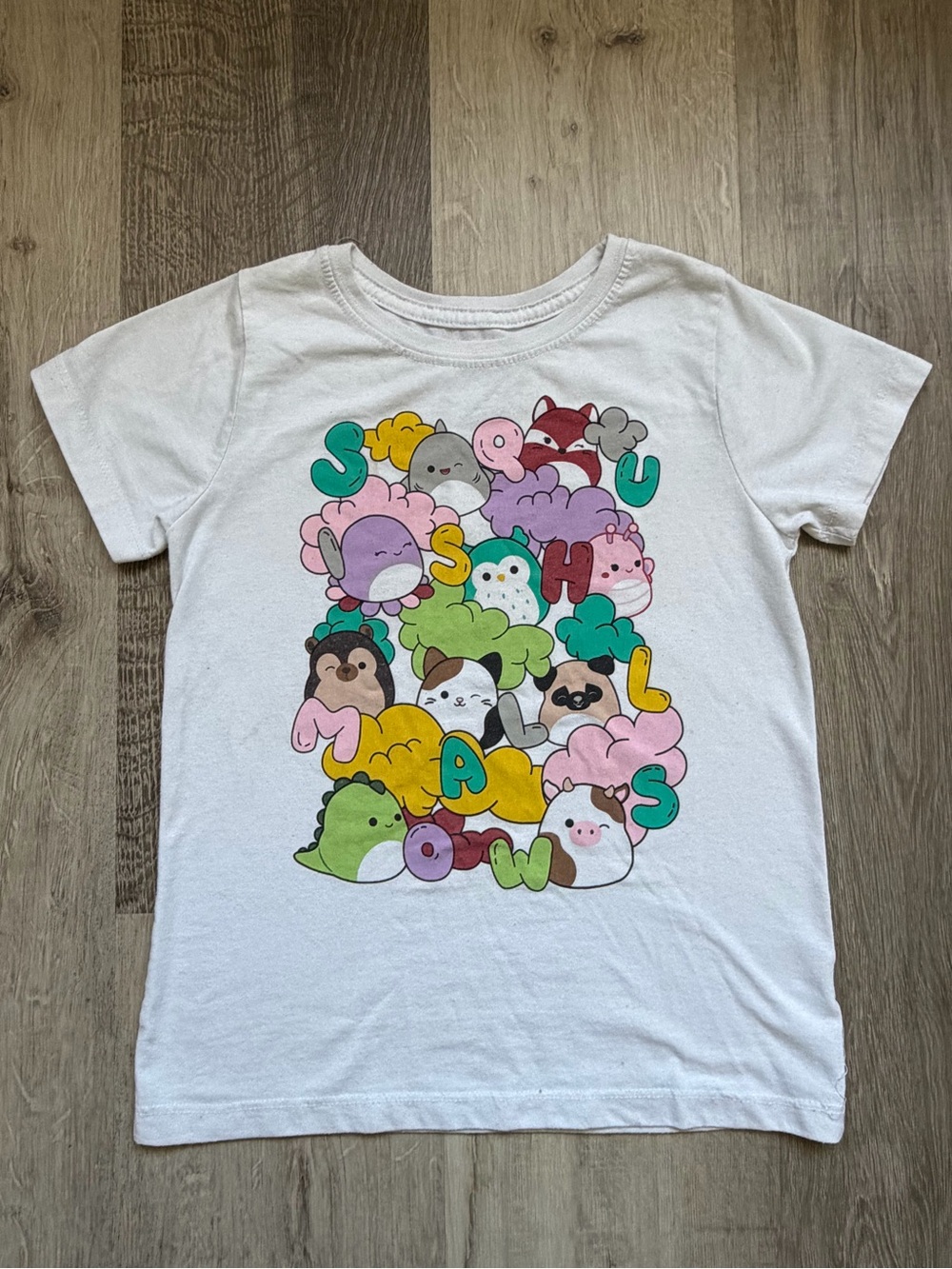 Squishmallows Kids White Tee with Multicolor Plush Character Graphic